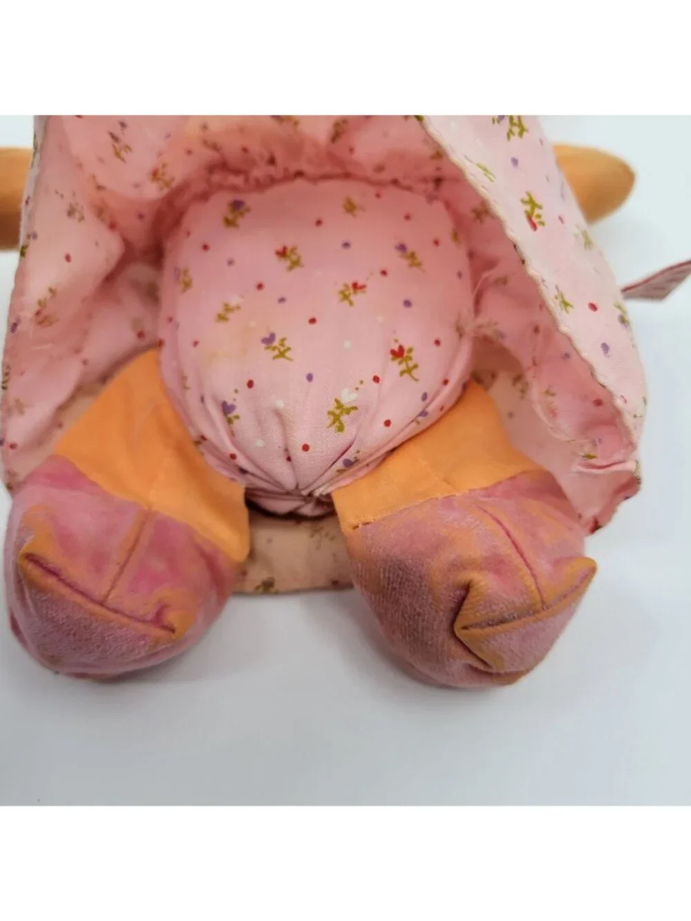 Dan Dee Happy Sad Cloth Rag Doll Vintage 1982 Pink Floral Dress & Bonnet Yarn Ha